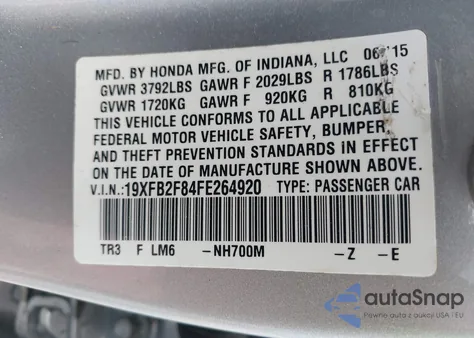 2015 Honda Civic Ex from USA, damaged, VIN 19XFB2F84FE264920